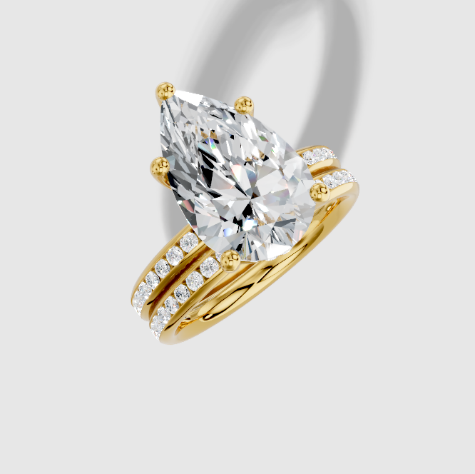 4.42 ctw Pear Cut Lab Grown Diamond Channel Classic Hidden Halo Engagement Ring in 18K Gold and 0.36 ctw Matching Band