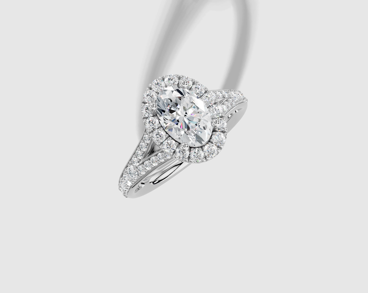 1.57 ctw Oval Cut Lab Grown Diamond Pave Split Shank Halo Engagement Ring in 14K Gold
