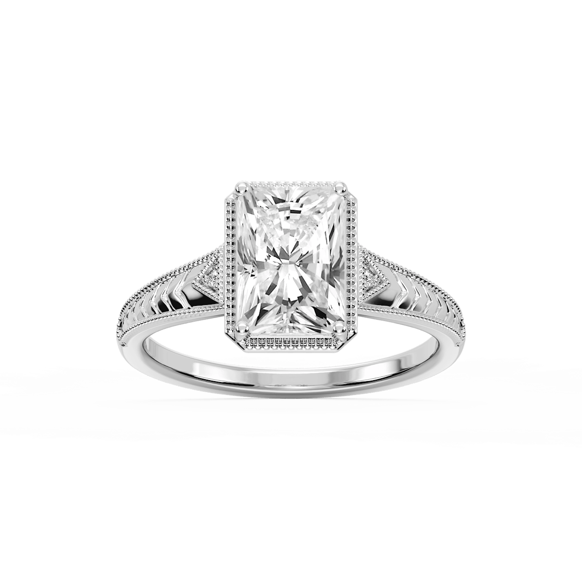 Florence Radiant Lab Grown Diamond Milgrain Bezel Three Stone Engagement Ring