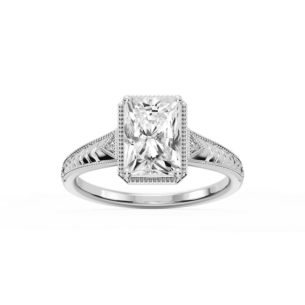 Florence Radiant Lab Grown Diamond Milgrain Bezel Three Stone Engagement Ring