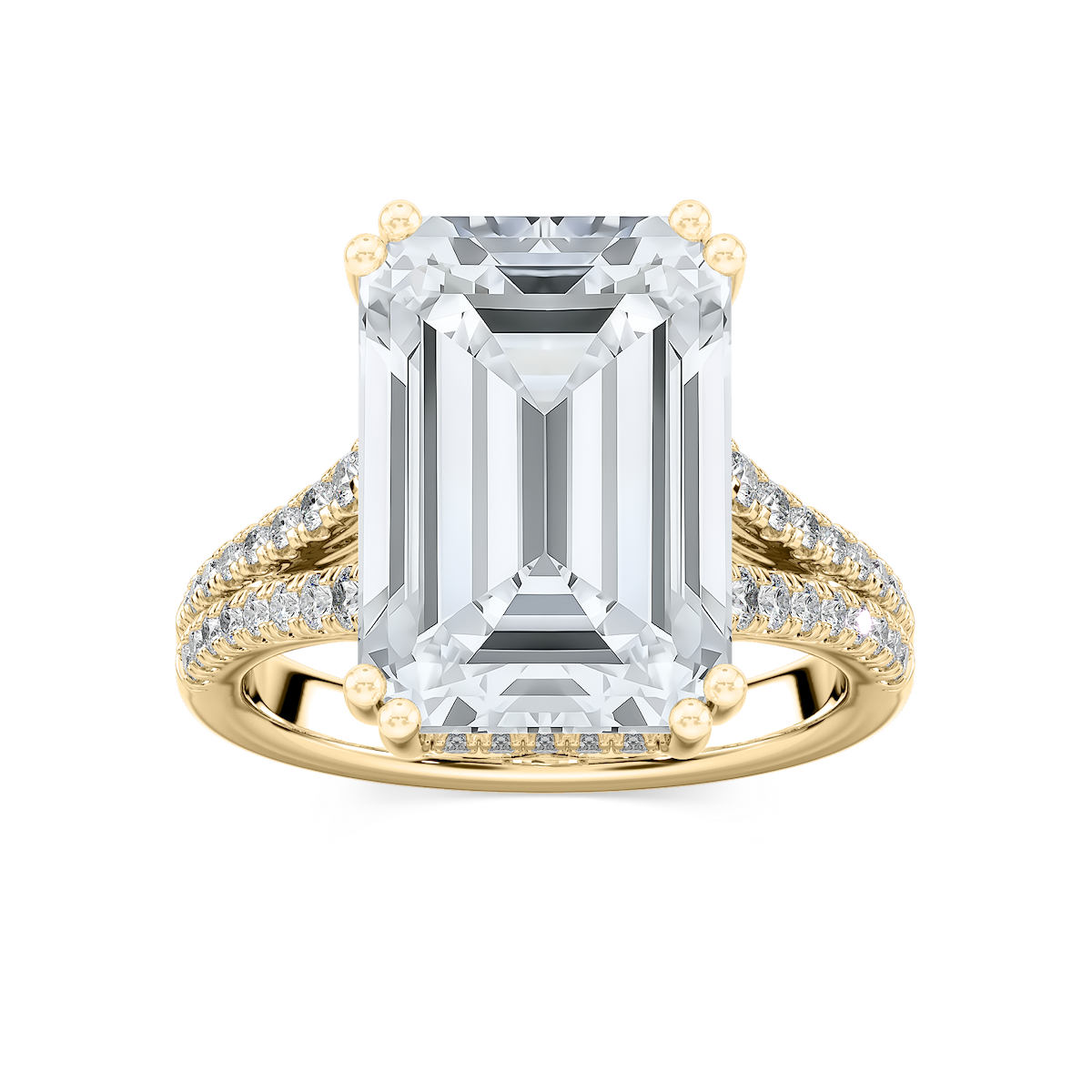 Hallie 10 ¾ ctw Emerald Lab Grown Diamond Split Shank Side Stone Engagement Ring - Signature Collection