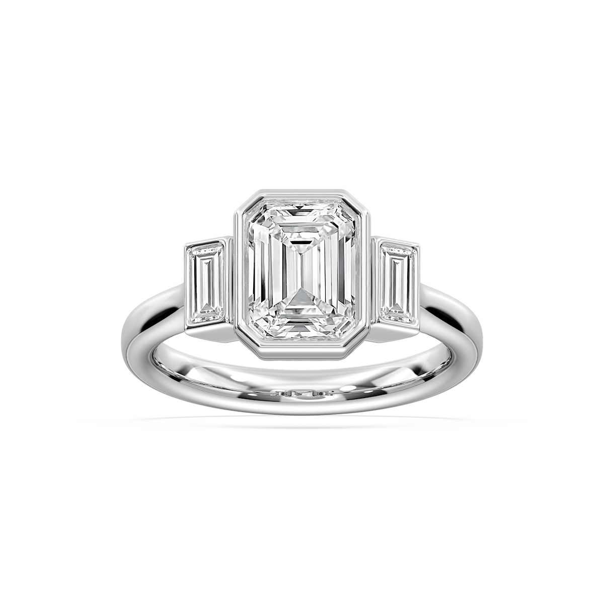Imara 2 ½ ctw Emerald Lab Grown Diamond Bezel Set Three Stone Engagement Ring