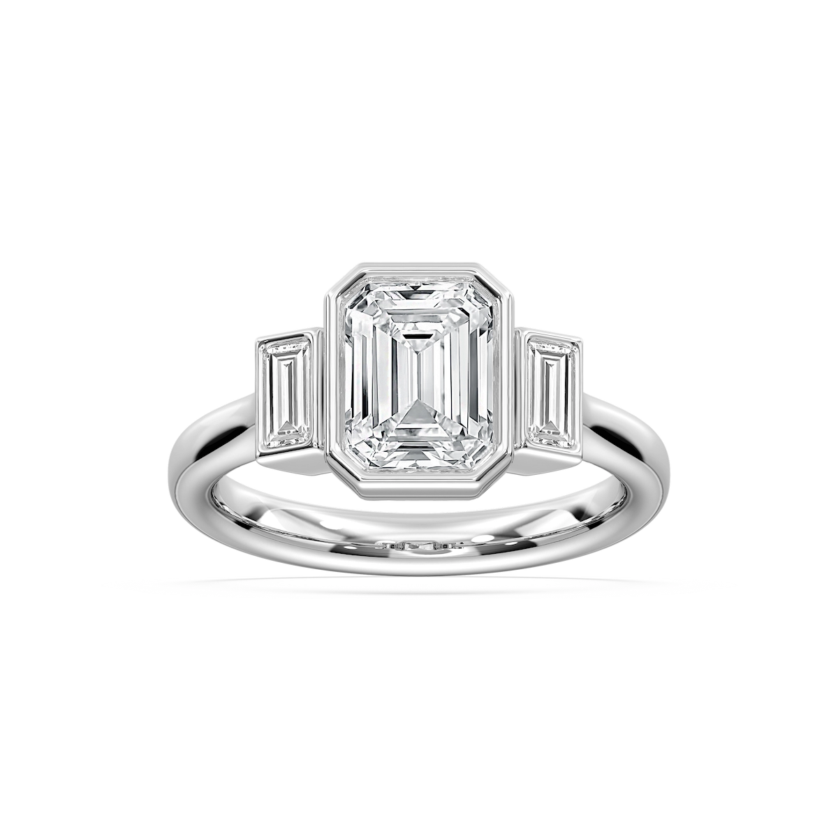 Imara 2 ½ ctw Emerald Lab Grown Diamond Bezel Set Three Stone Engagement Ring