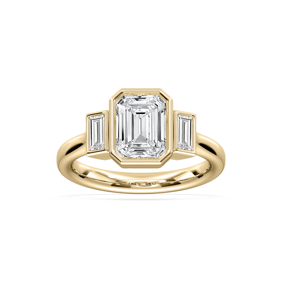 Imara 2 ½ ctw Emerald Lab Grown Diamond Bezel Set Three Stone Engagement Ring