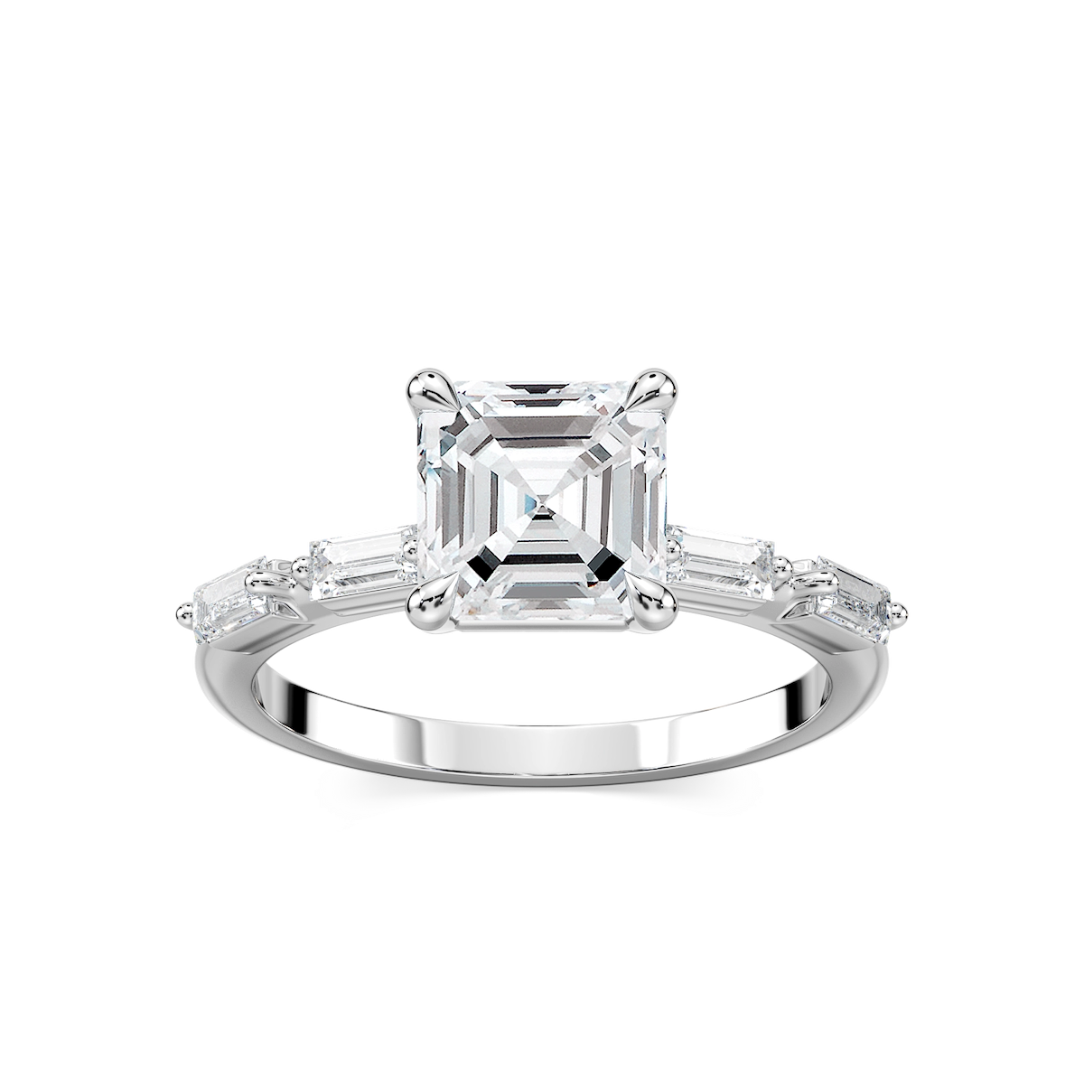 Kira Asscher Lab Grown Diamond Spaced Baguette Side Stone Engagement Ring