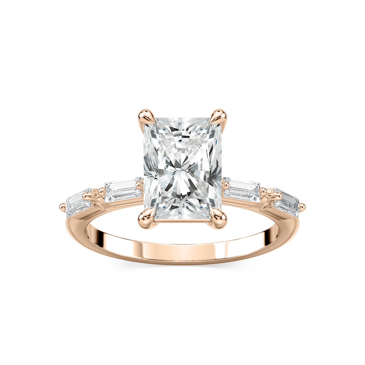Kira Radiant Lab Grown Diamond Spaced Baguette Side Stone Engagement Ring