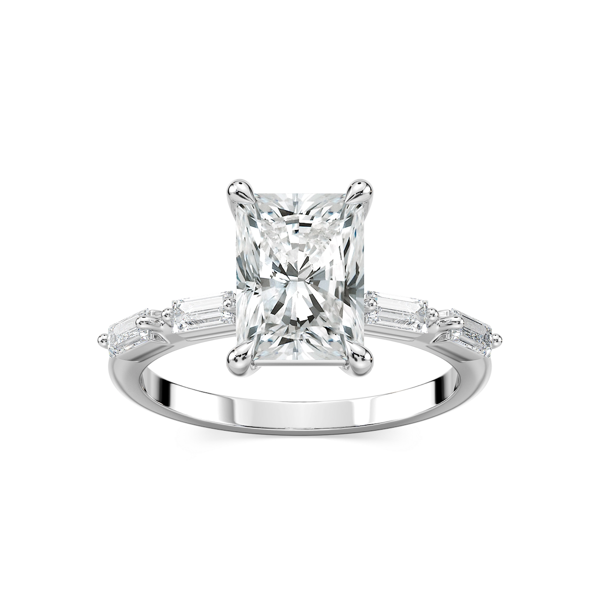 Kira Radiant Lab Grown Diamond Spaced Baguette Side Stone Engagement Ring