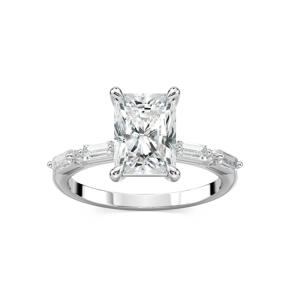 Kira Radiant Lab Grown Diamond Spaced Baguette Side Stone Engagement Ring