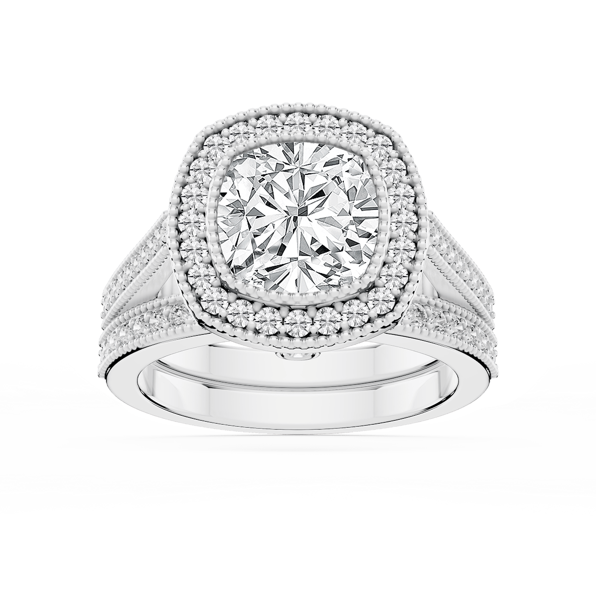 Tiffani Lab Grown Diamond Halo Milgrain and Beaded Prong Wedding Set