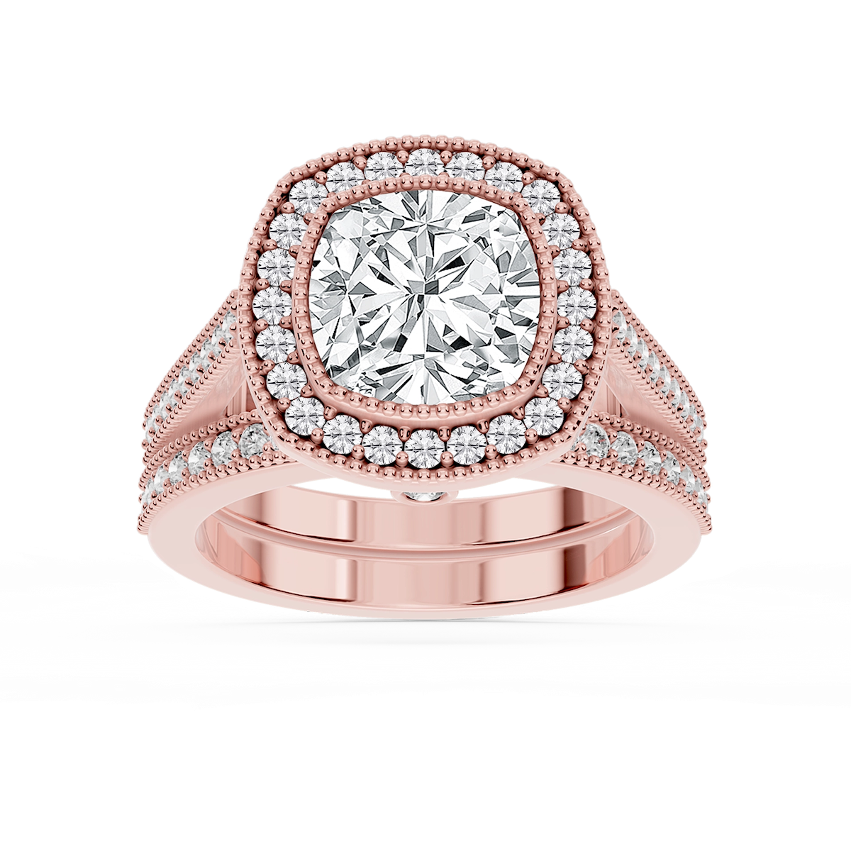 Misty Lab Grown Diamond Halo Milgrain and Beaded Prong Wedding Set