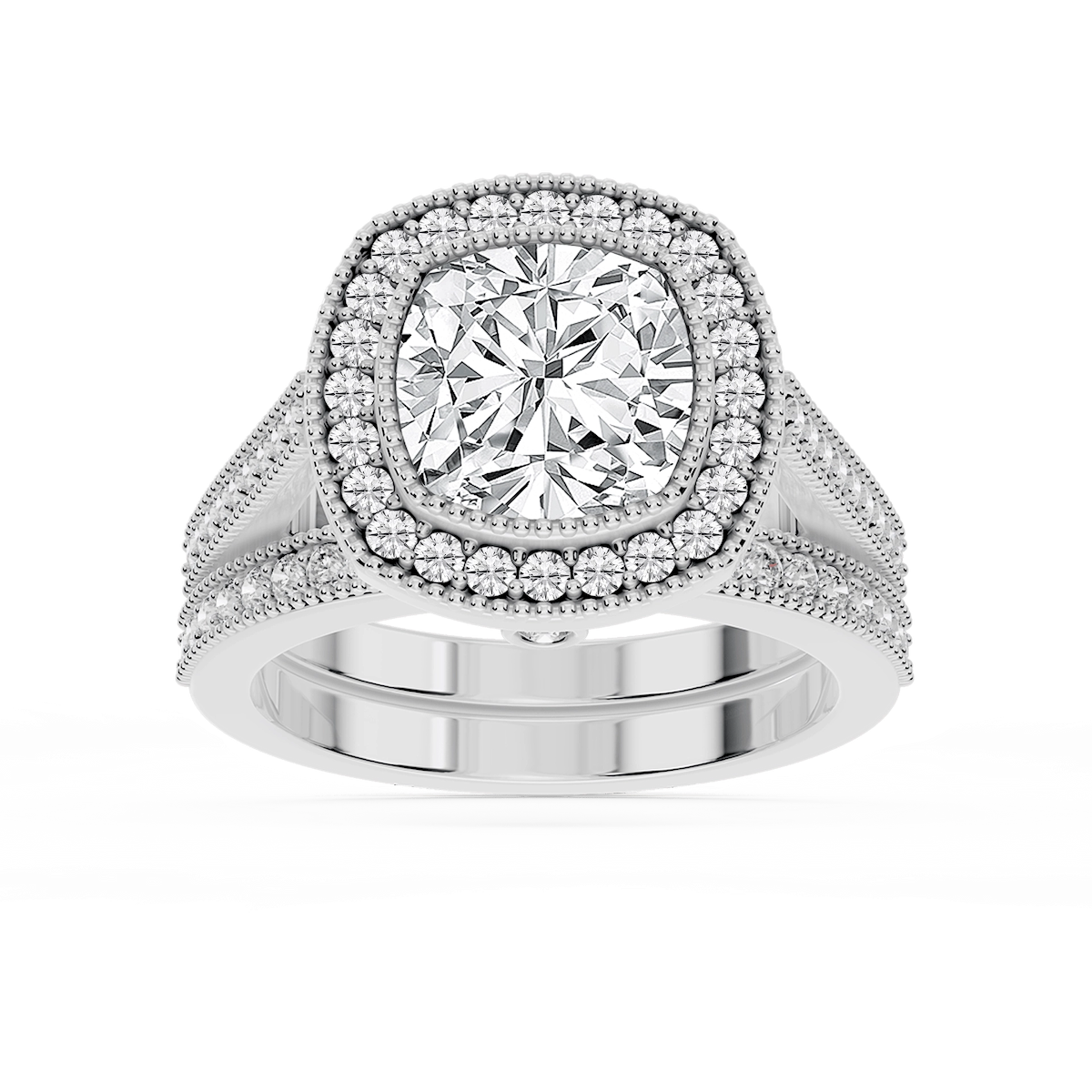 Misty Lab Grown Diamond Halo Milgrain and Beaded Prong Wedding Set