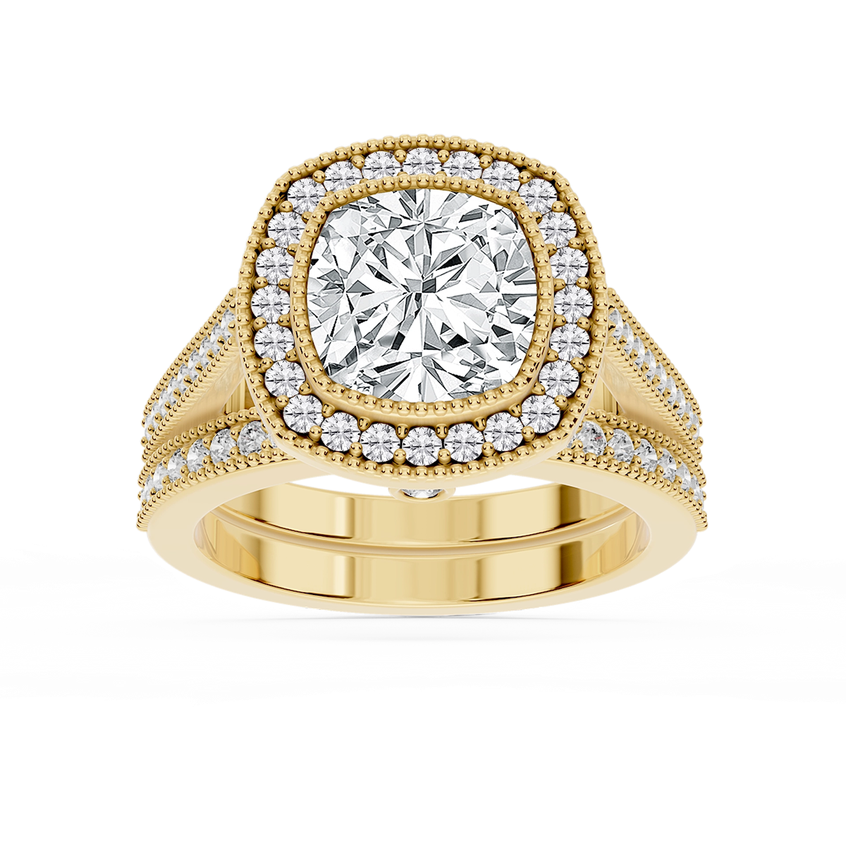 Misty Lab Grown Diamond Halo Milgrain and Beaded Prong Wedding Set