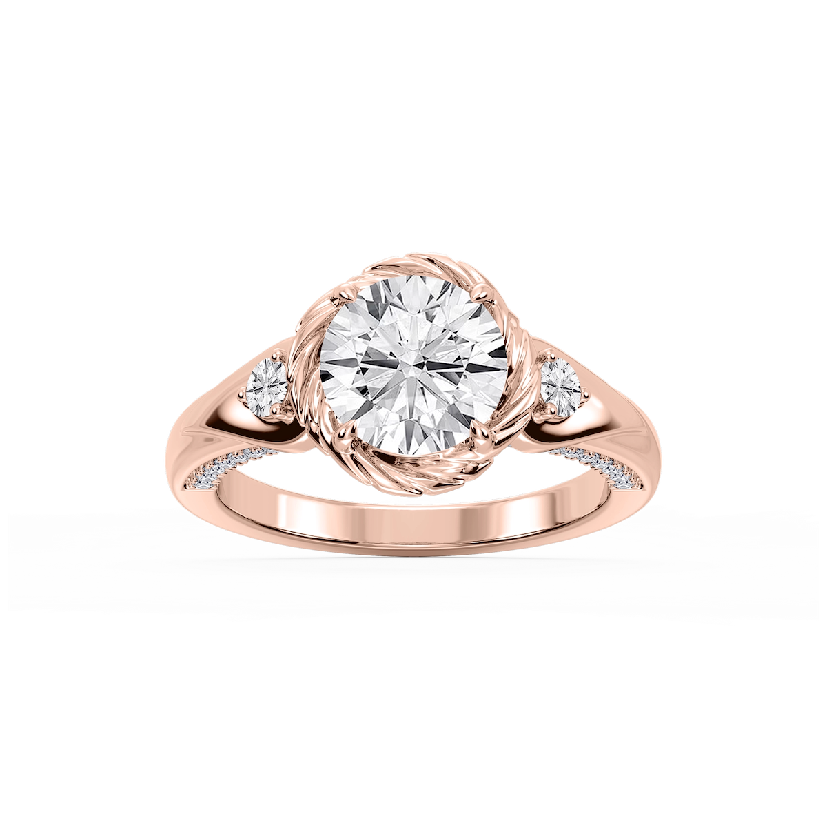 Mabel Round Lab Grown Diamond Swirl Halo Three Stone Engagement Ring