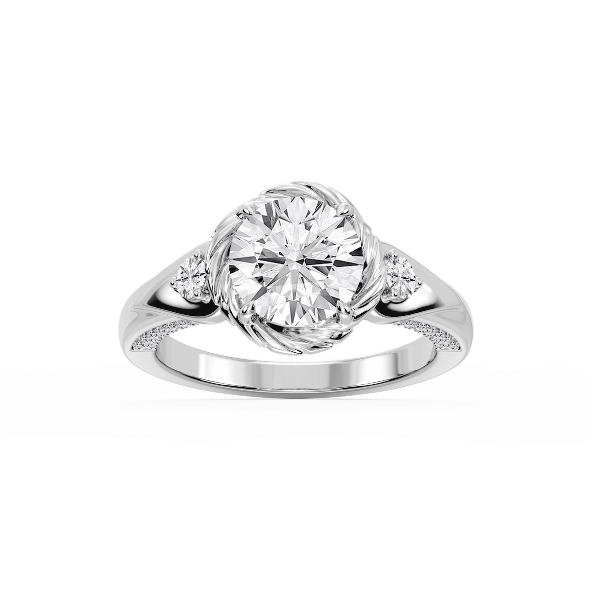 Mabel Round Lab Grown Diamond Swirl Halo Three Stone Engagement Ring