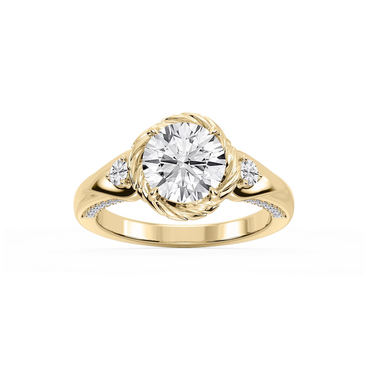 Mabel Round Lab Grown Diamond Swirl Halo Three Stone Engagement Ring
