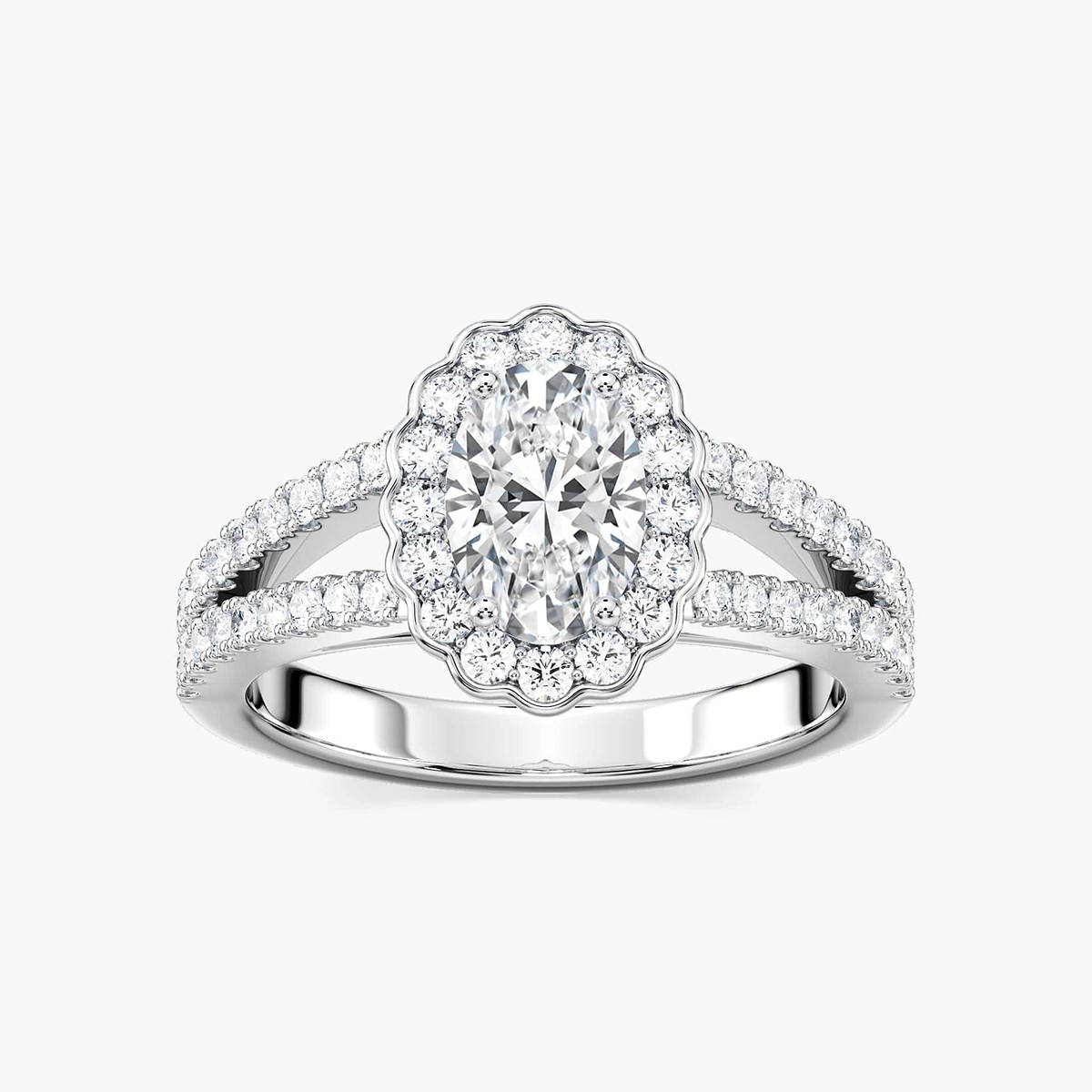 Nora Oval Lab Grown Diamond Split Shank Antique Vintage Halo Engagement Ring