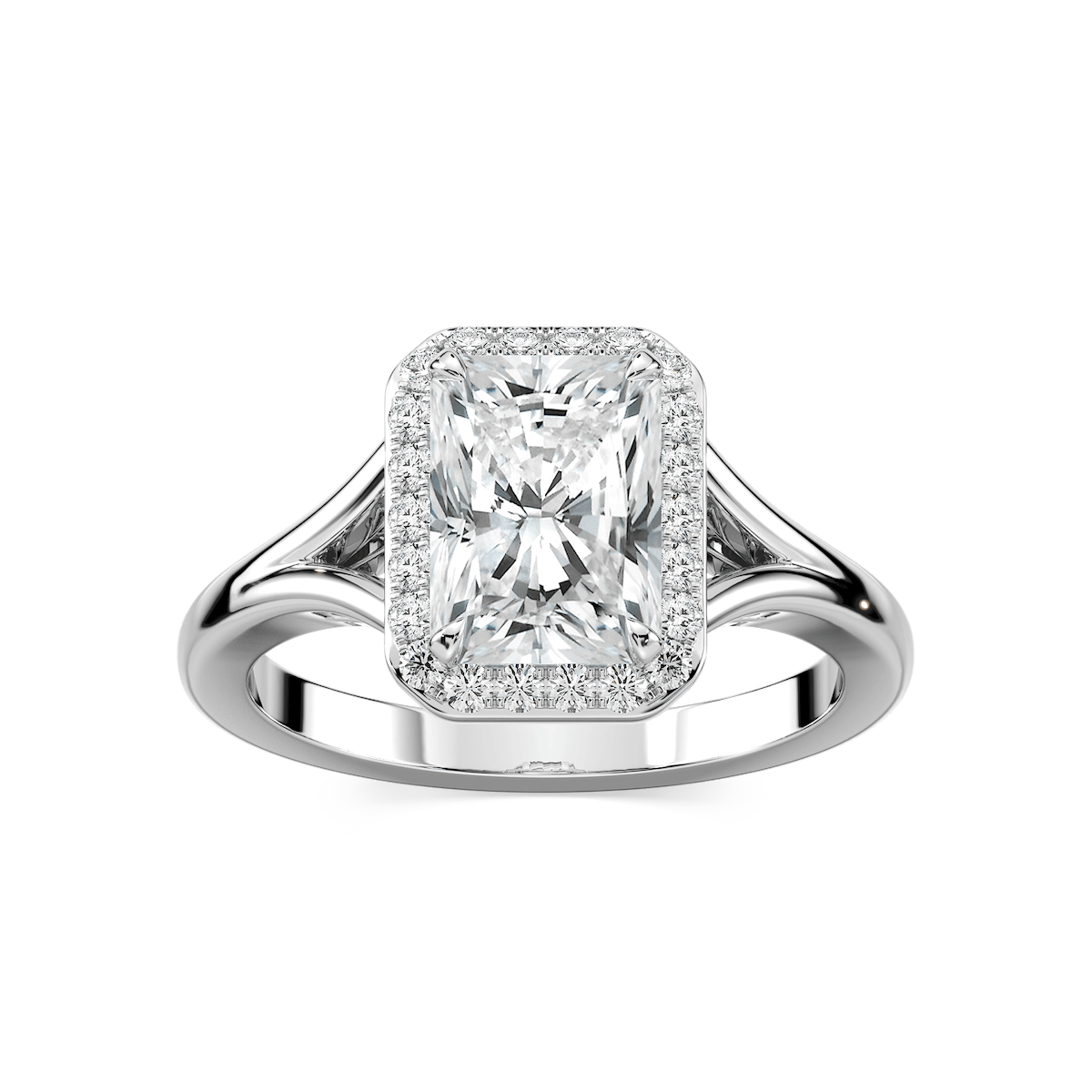 Maia Radiant Lab Grown Diamond Split Shank Halo Engagement Ring