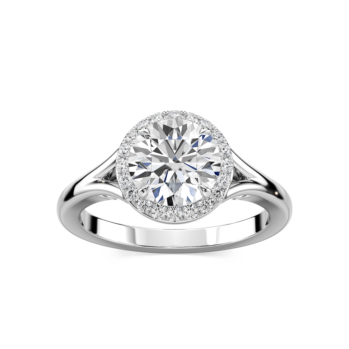 Maia Round Lab Grown Diamond Split Shank Halo Engagement Ring