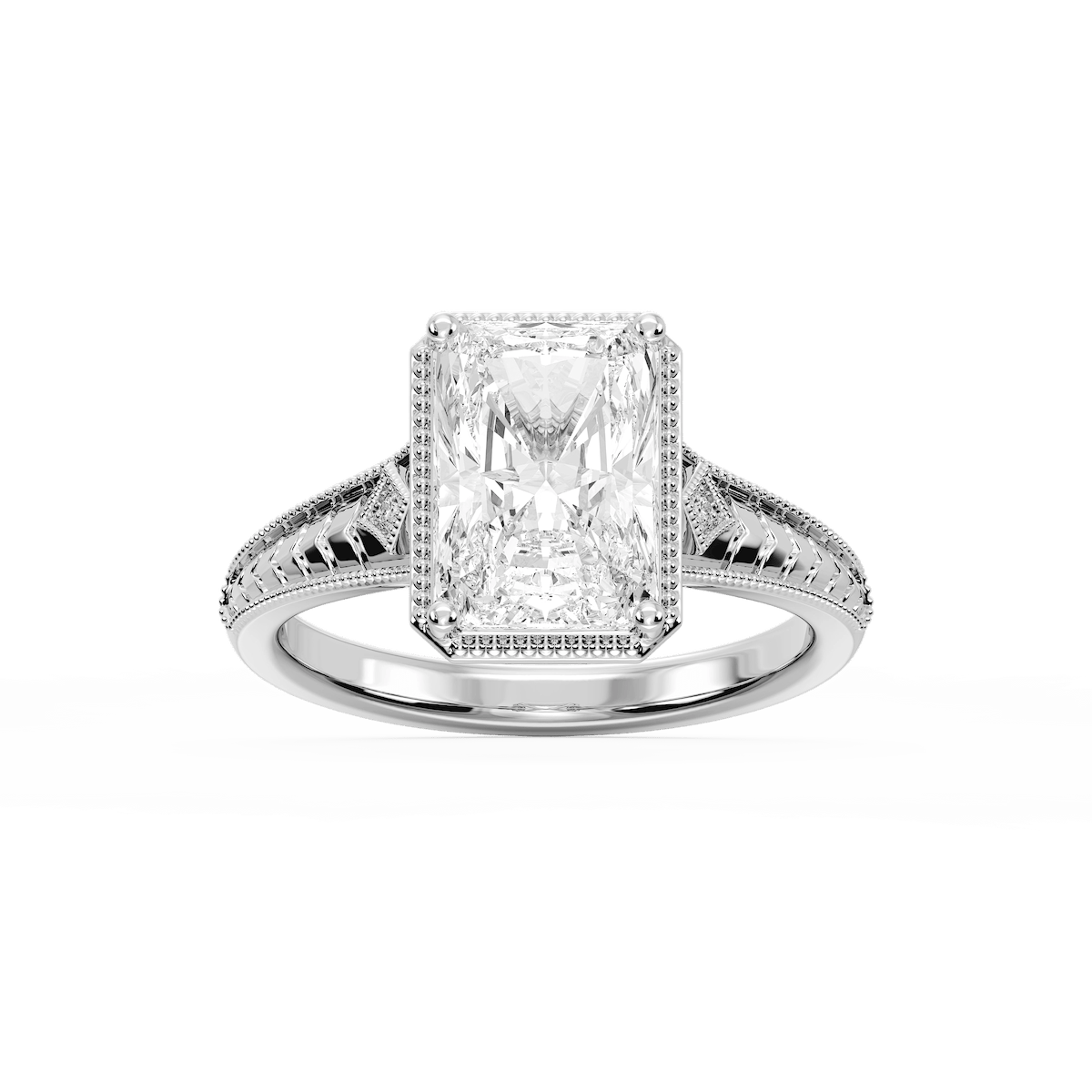 Mariana Radiant Lab Grown Diamond Vintage Milgrain Bezel Side Stone Engagement Ring