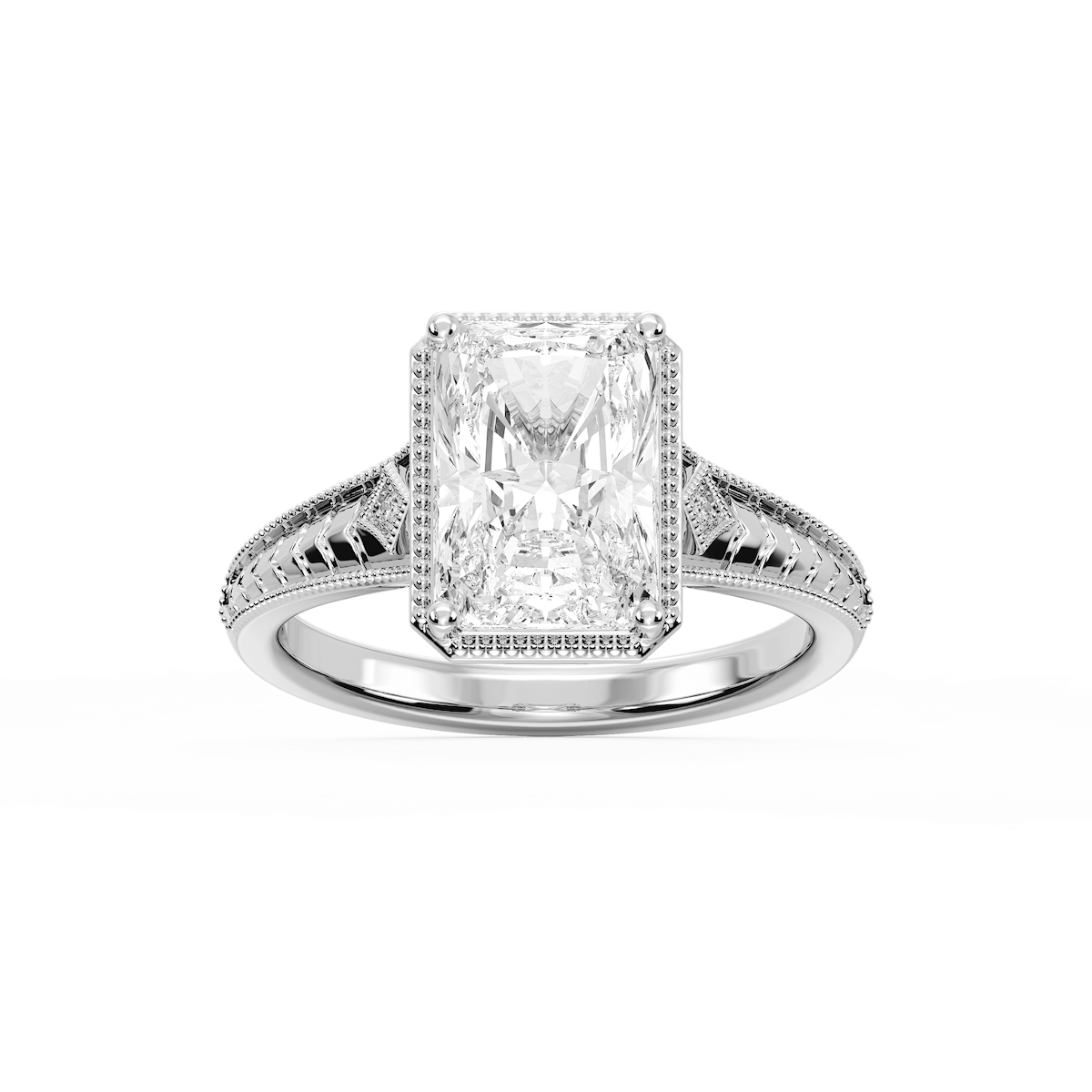 Mariana Radiant Lab Grown Diamond Vintage Milgrain Bezel Side Stone Engagement Ring