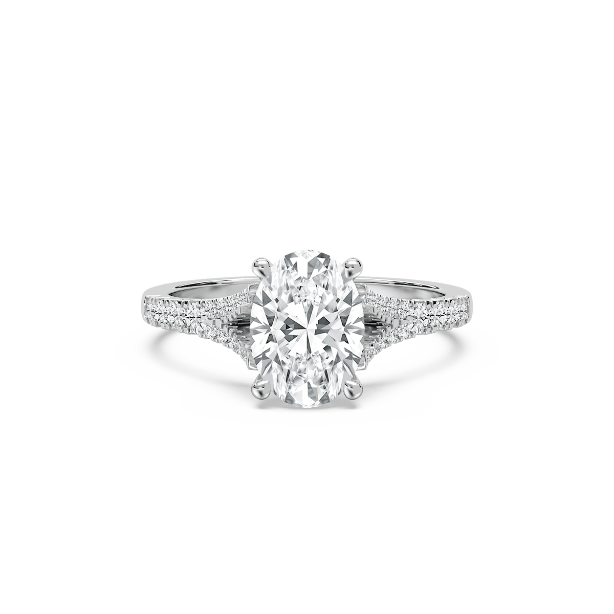 Maris 2 ¹⁄₄ ctw Oval Lab Grown Diamond Raised V Split Shank Side Stone Engagement Ring