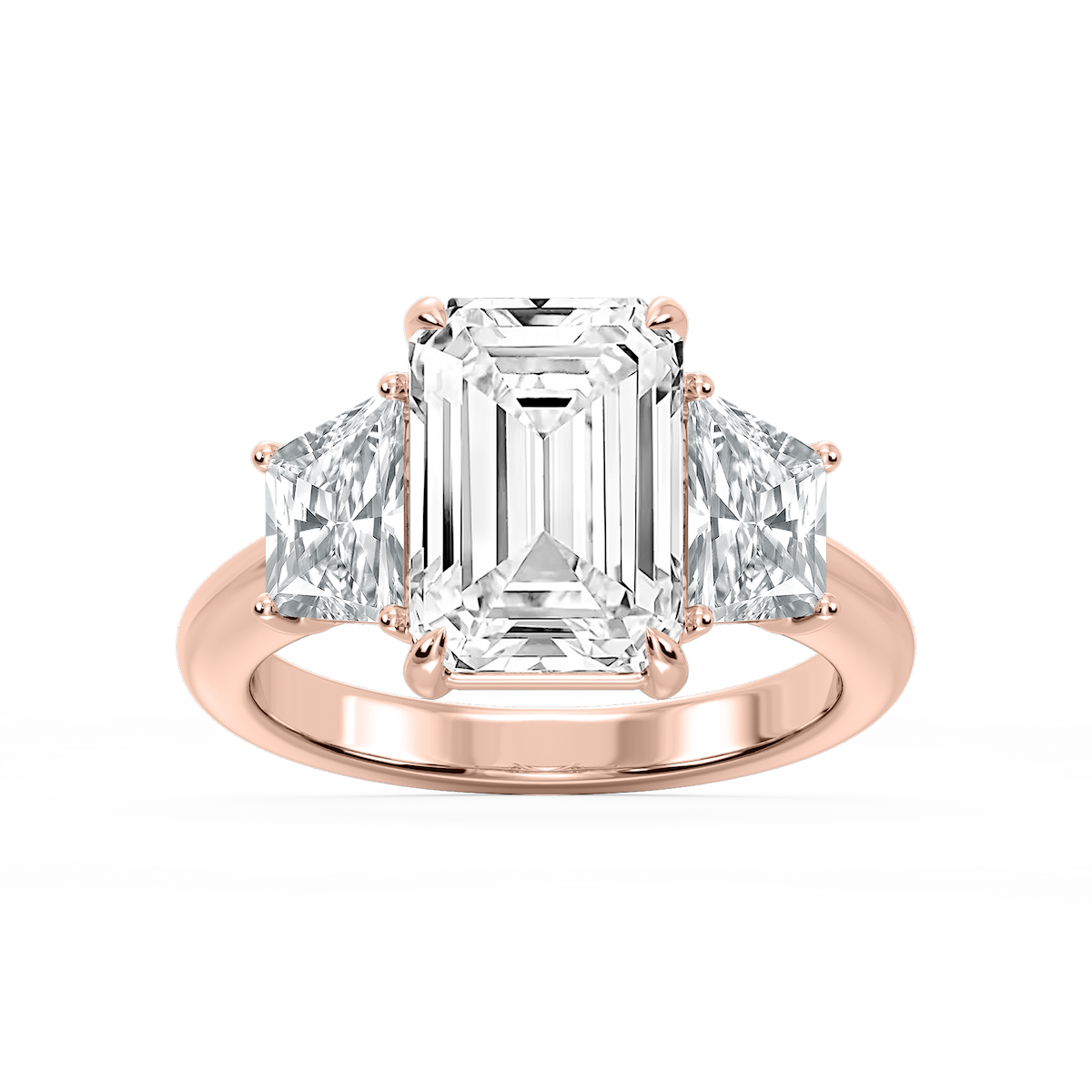Marley Emerald Lab Grown Diamond Trapezoid Sides Claw Prong Three Stone Engagement Ring