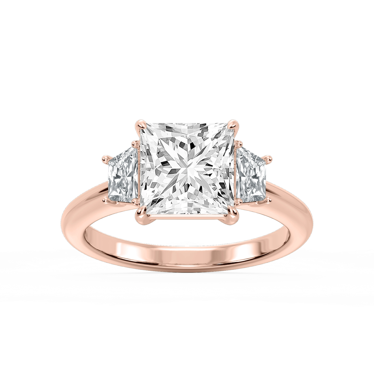Marley Princess Lab Grown Diamond Trapezoid Sides Claw Prong Three Stone Engagement Ring