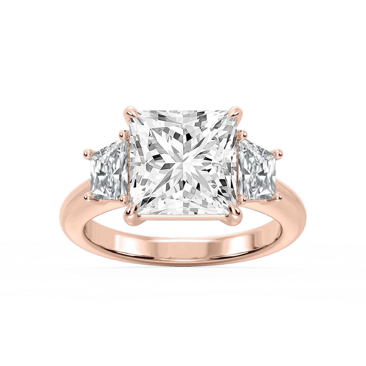 Marley Princess Lab Grown Diamond Trapezoid Sides Claw Prong Three Stone Engagement Ring