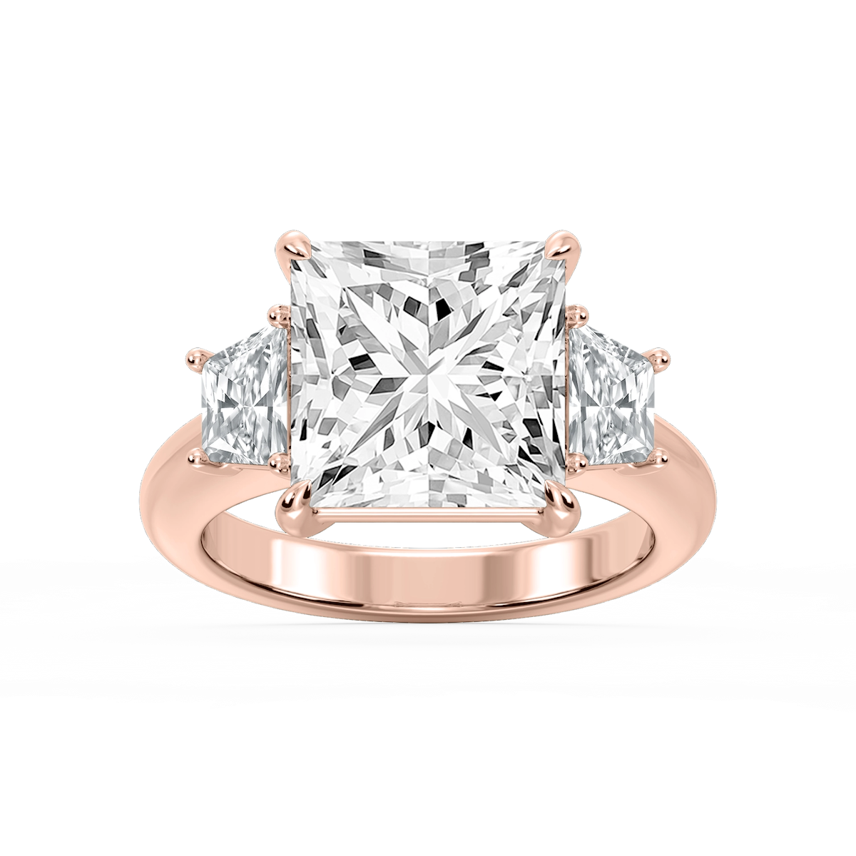 Marley Princess Lab Grown Diamond Trapezoid Sides Claw Prong Three Stone Engagement Ring