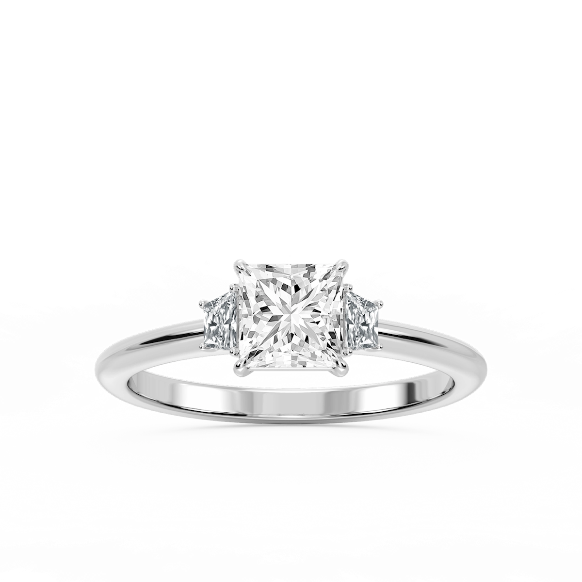 Marley Princess Lab Grown Diamond Trapezoid Sides Claw Prong Three Stone Engagement Ring