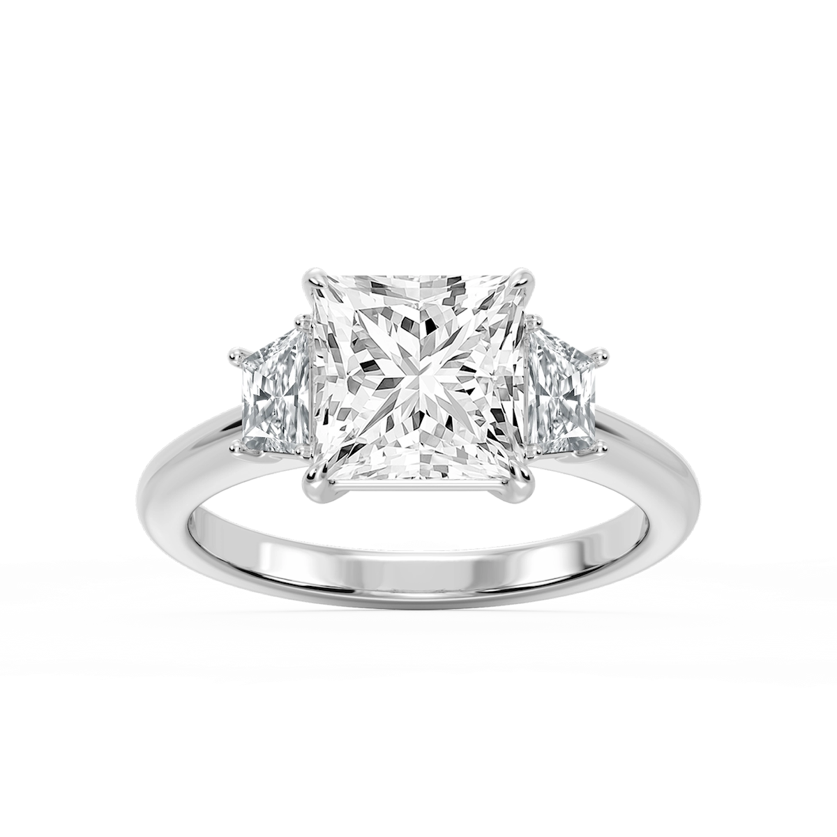 Marley Princess Lab Grown Diamond Trapezoid Sides Claw Prong Three Stone Engagement Ring
