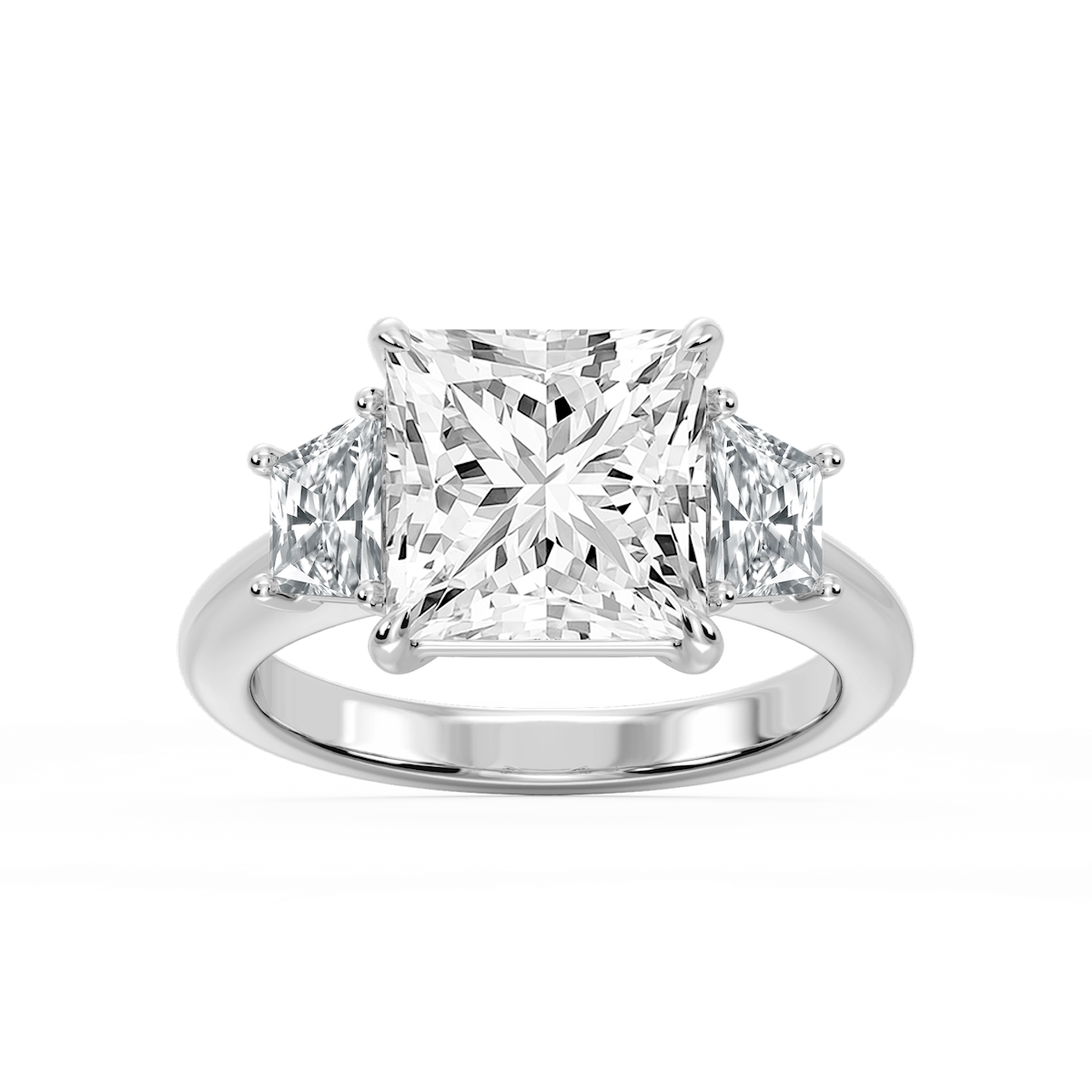 Marley Princess Lab Grown Diamond Trapezoid Sides Claw Prong Three Stone Engagement Ring