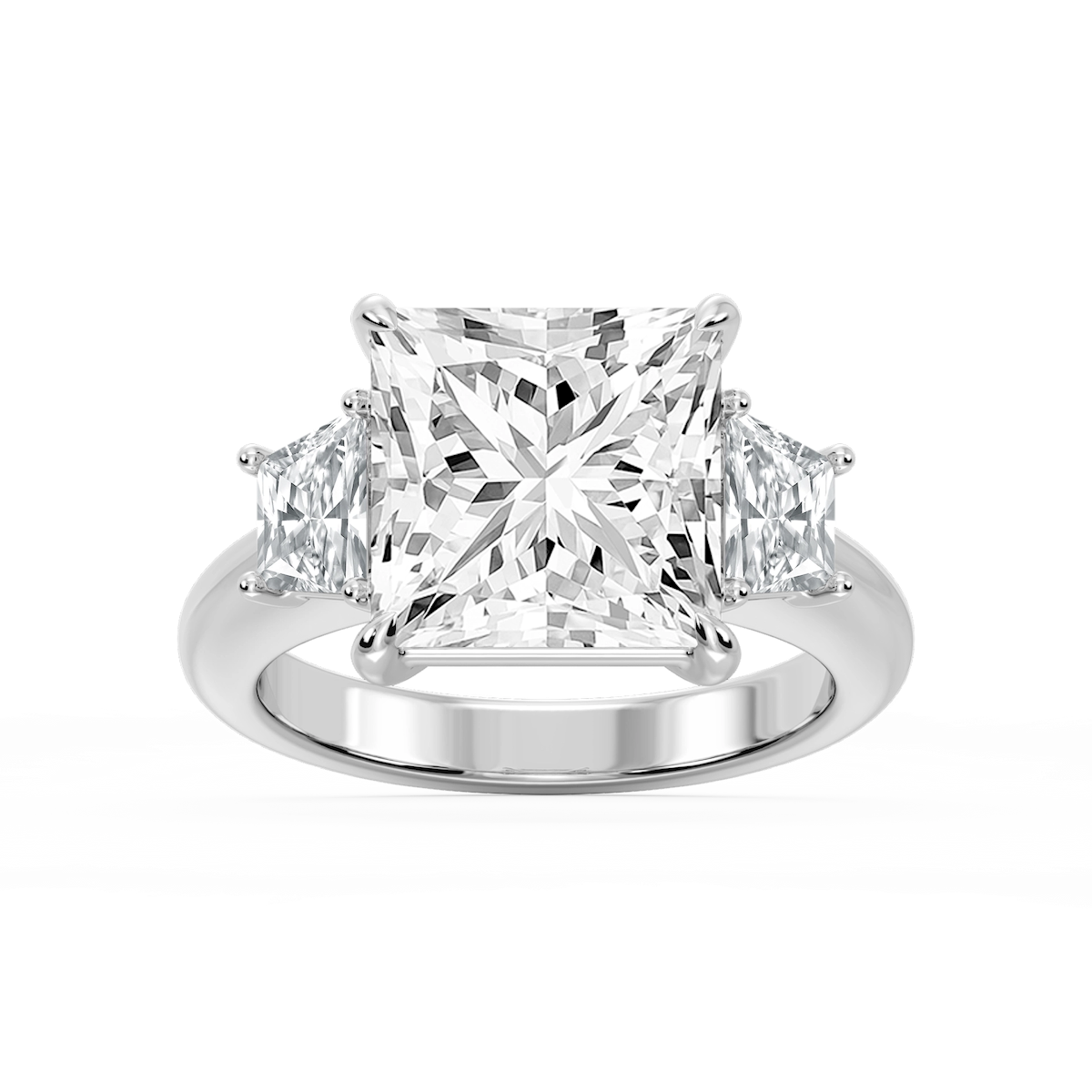 Marley Princess Lab Grown Diamond Trapezoid Sides Claw Prong Three Stone Engagement Ring