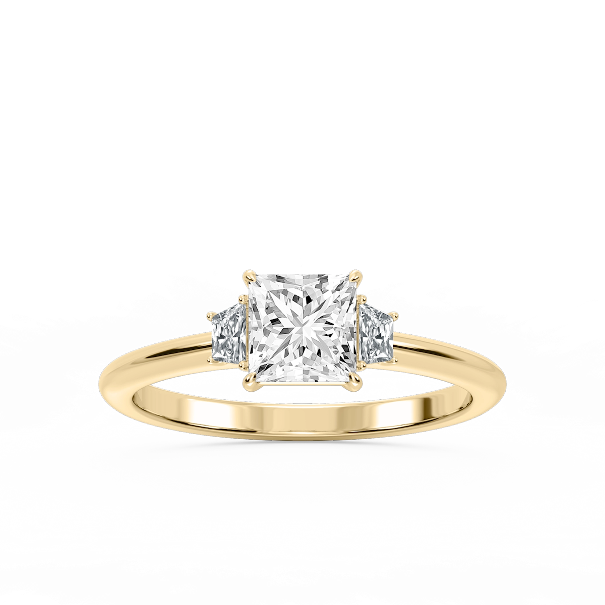 Marley Princess Lab Grown Diamond Trapezoid Sides Claw Prong Three Stone Engagement Ring