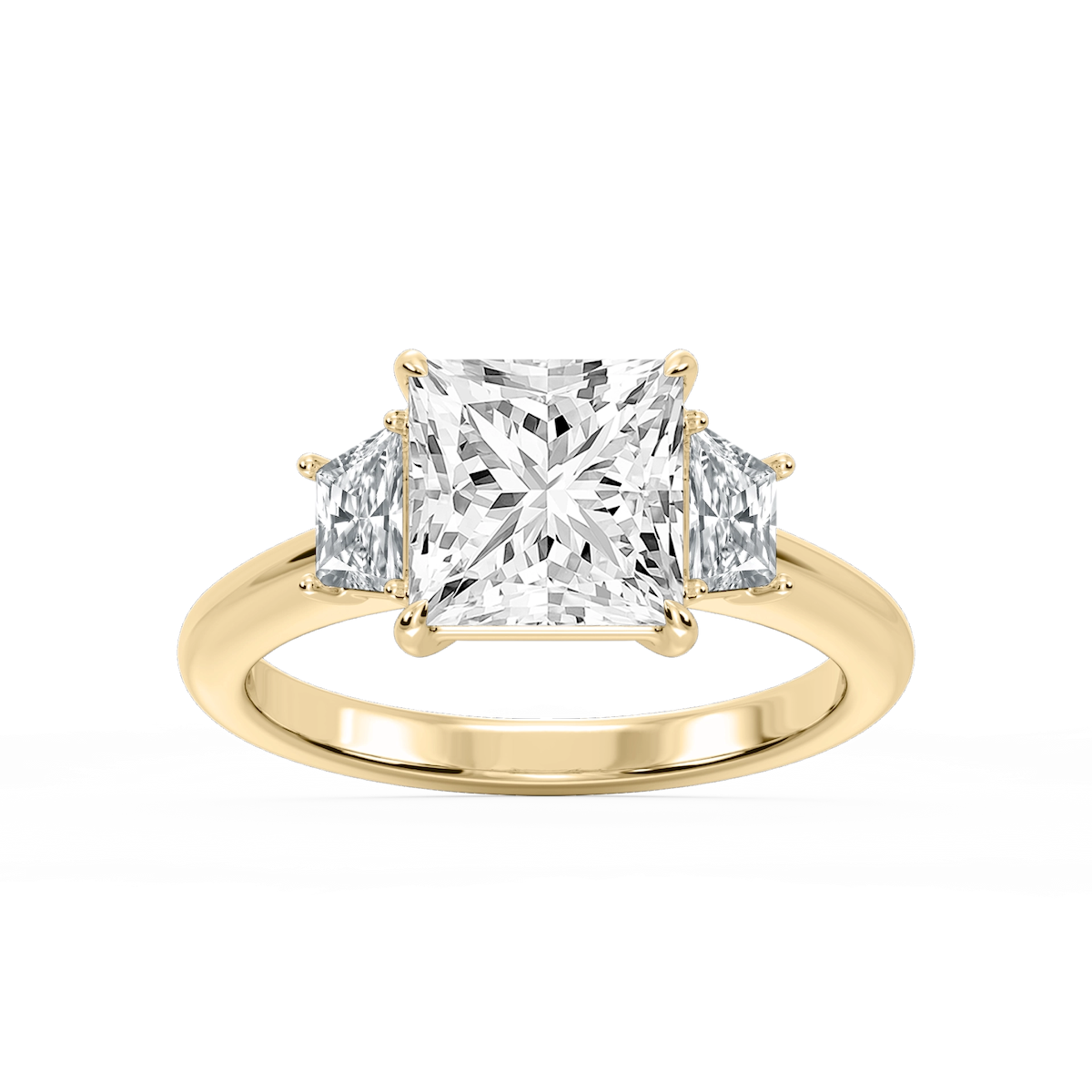 Marley Princess Lab Grown Diamond Trapezoid Sides Claw Prong Three Stone Engagement Ring