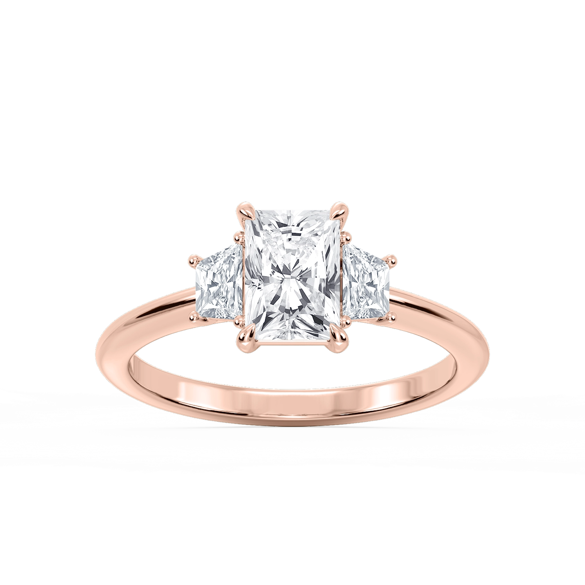 Marley Radiant Lab Grown Diamond Trapezoid Sides Claw Prong Three Stone Engagement Ring