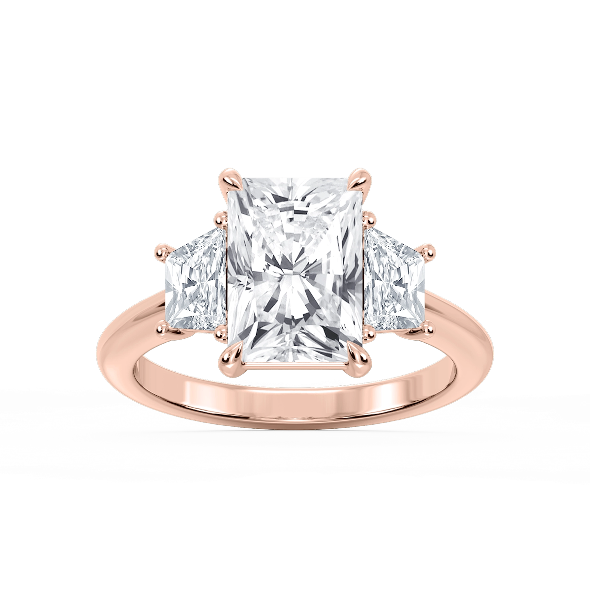Marley Radiant Lab Grown Diamond Trapezoid Sides Claw Prong Three Stone Engagement Ring