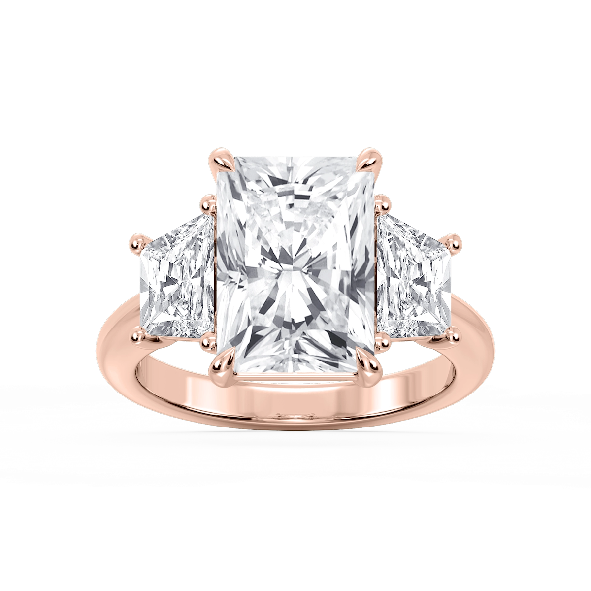 Marley Radiant Lab Grown Diamond Trapezoid Sides Claw Prong Three Stone Engagement Ring