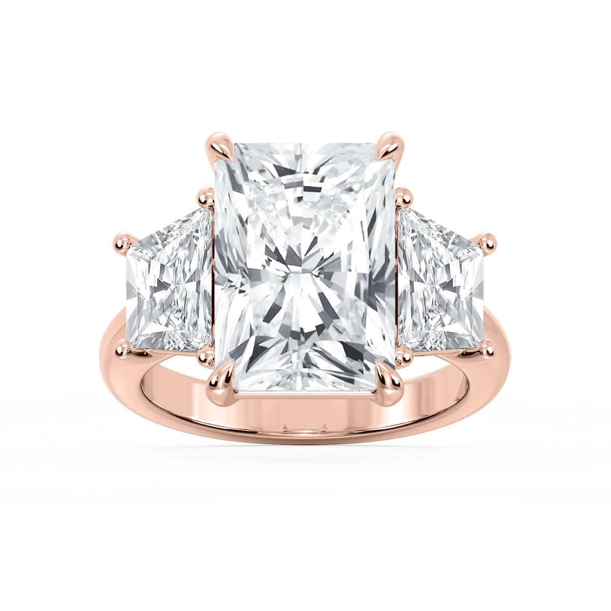 Marley Radiant Lab Grown Diamond Trapezoid Sides Claw Prong Three Stone Engagement Ring