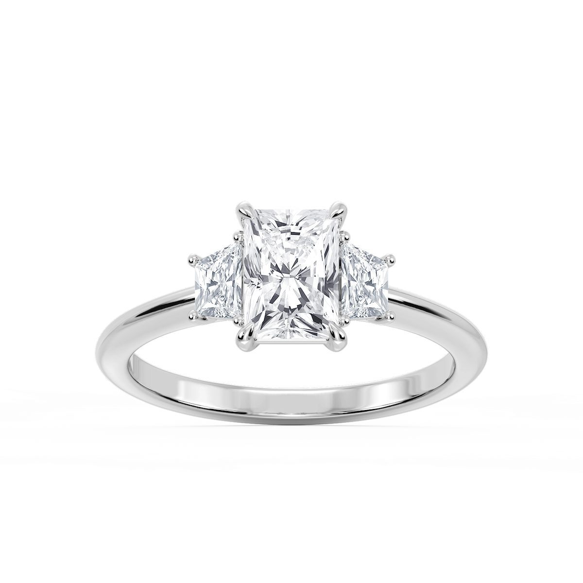 Marley Radiant Lab Grown Diamond Trapezoid Sides Claw Prong Three Stone Engagement Ring