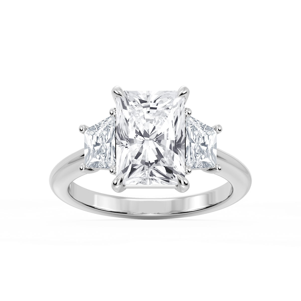 Marley Radiant Lab Grown Diamond Trapezoid Sides Claw Prong Three Stone Engagement Ring