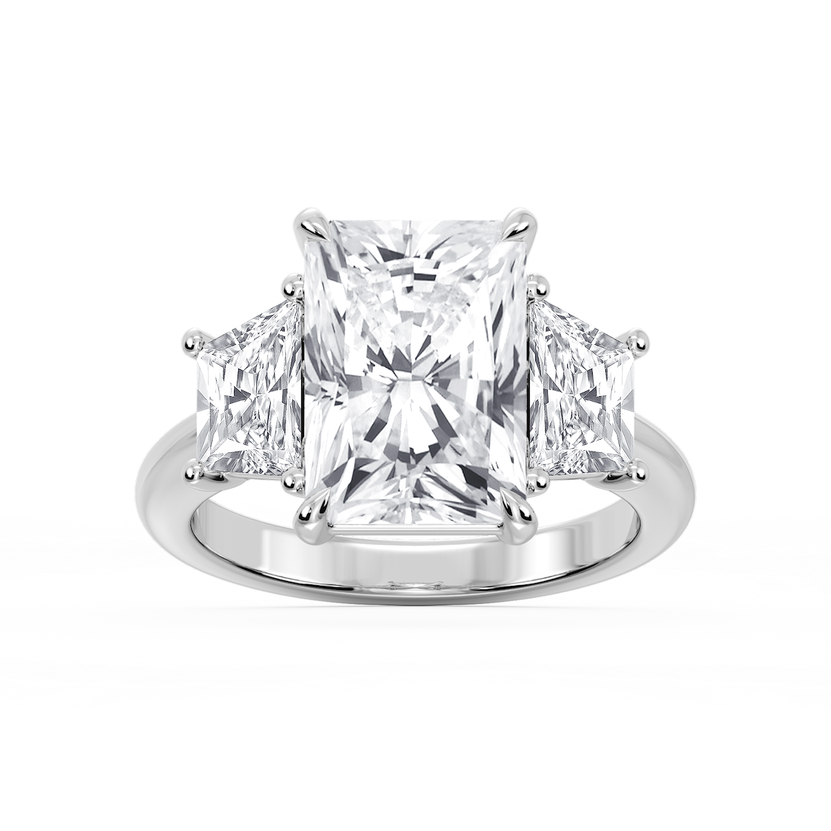 Marley Radiant Lab Grown Diamond Trapezoid Sides Claw Prong Three Stone Engagement Ring