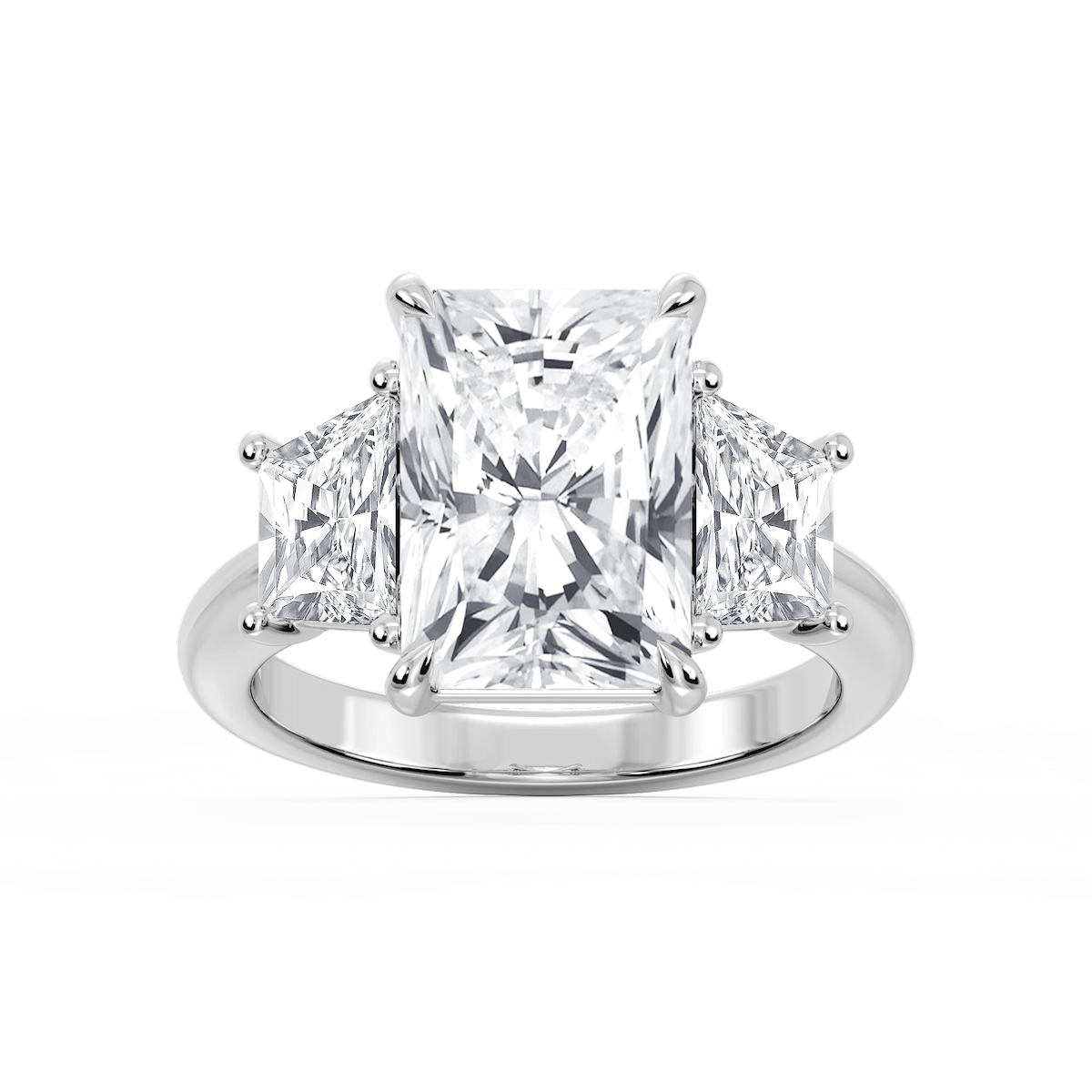 Marley Radiant Lab Grown Diamond Trapezoid Sides Claw Prong Three Stone Engagement Ring