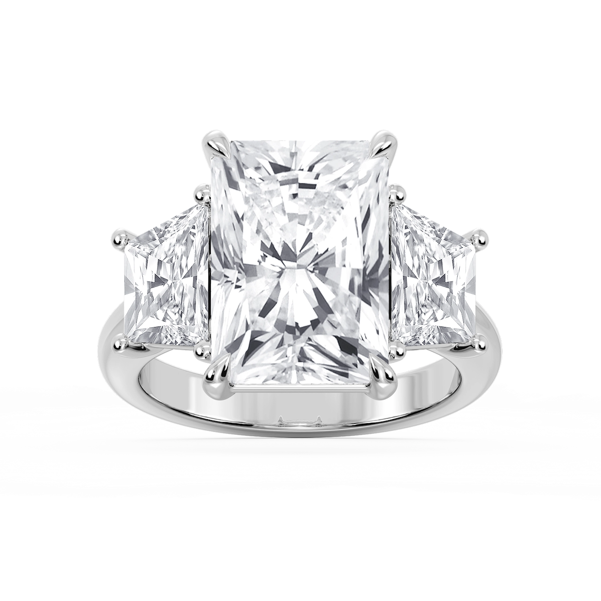 Marley Radiant Lab Grown Diamond Trapezoid Sides Claw Prong Three Stone Engagement Ring