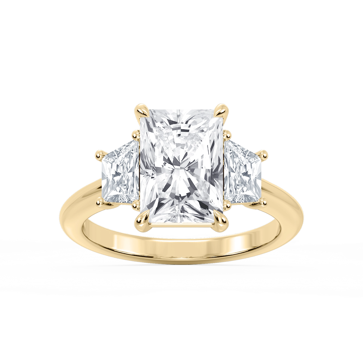 Marley Radiant Lab Grown Diamond Trapezoid Sides Claw Prong Three Stone Engagement Ring