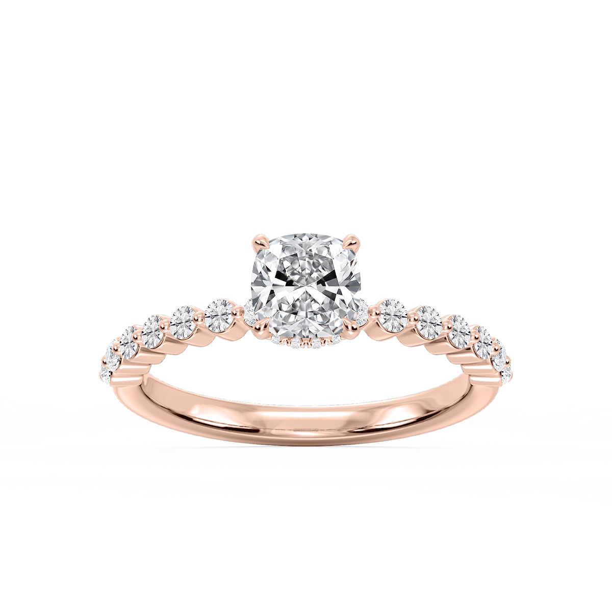 Melody Cushion Lab Grown Diamond Single Shared Prong Collar Hidden Halo Engagement Ring