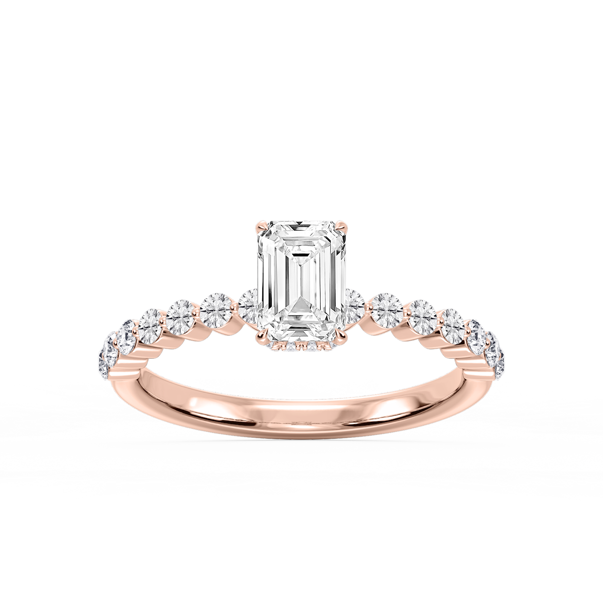 Melody Emerald Lab Grown Diamond Single Shared Prong Collar Hidden Halo Engagement Ring