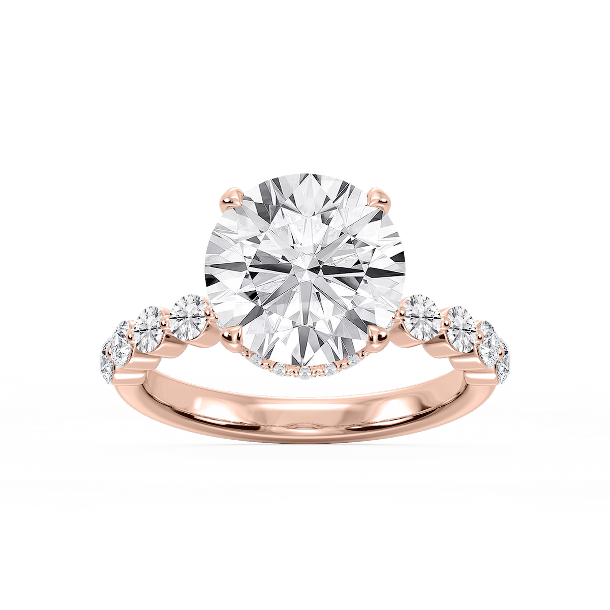 Melody Round Lab Grown Diamond Single Shared Prong Collar Hidden Halo Engagement Ring
