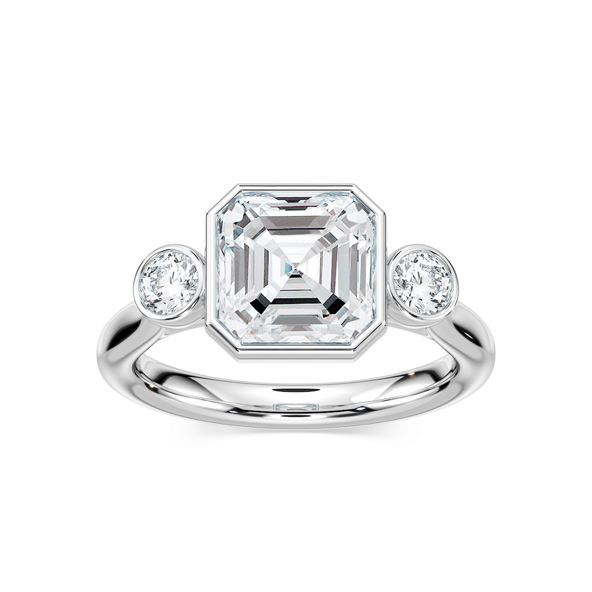 Nina 2 ½ ctw Asscher Lab Grown Diamond Bezel Set Three Stone Engagement Ring