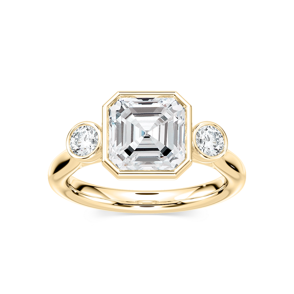 Nina 2 ½ ctw Asscher Lab Grown Diamond Bezel Set Three Stone Engagement Ring